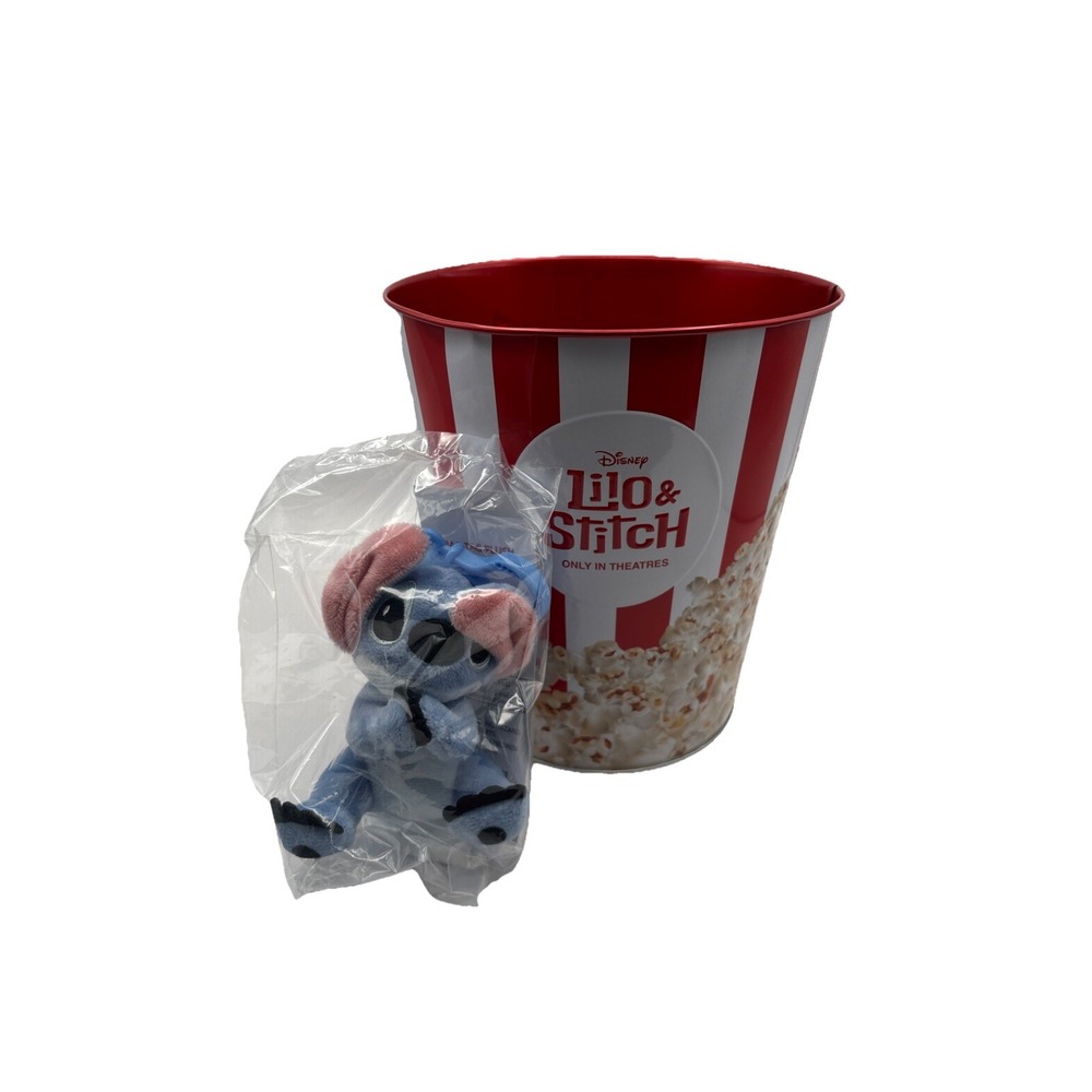 Cinemark 2025 Lilo & Stitch Plush Clip Tin Surfin Popcorn Bucket NEW